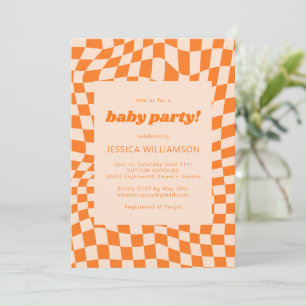 Abstrakten Retro Orange Checkerboard Baby Party Inbjudningar