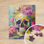 Abstrakten Skull och blommor i Modern Art Stilla h Pussel<br><div class="desc">En modern målning mellan stil och imponerande, som skildrar ett dödligt liv i en skalle omgiven av vibranta blommor i klarklister i färg. De mjuka men livliga penseldragen ger skuggor av rosa, grönt, blått och gult, vilket skapar en kontrast mellan de känsliga blommigtarna och det skarpa, symboliska skallen. Denna teckning...</div>