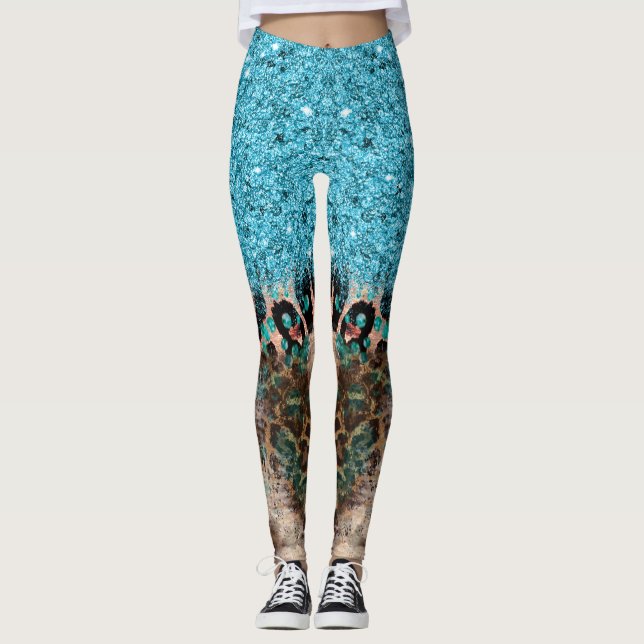 Abstrakten Teal Blue Glitter Leopard Print  Leggings (Framsida)