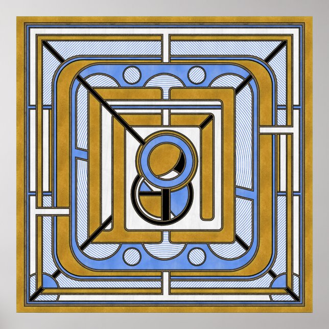 Abstrakten Uggla - Blue and Guld Art Deco Poster (Framsidan)