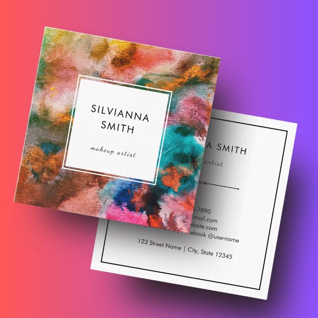 Abstrakten Vattenfärgad Orange med färgstark brant Fyrkantigt Visitkort (Modern Colorful Blue Pink brown watercolor background square business card)