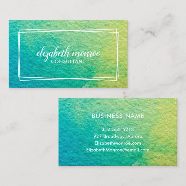 Abstrakten Vattenfärgsskript med minimal blå Grönt Visitkort (Fram/baksida)