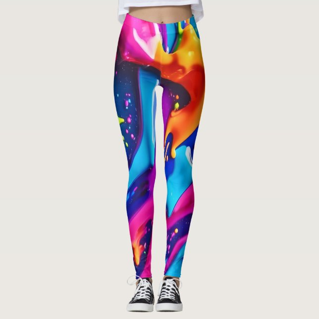 Abstrakten Vibrant Neon Paint Splatter Leggings (Framsida)