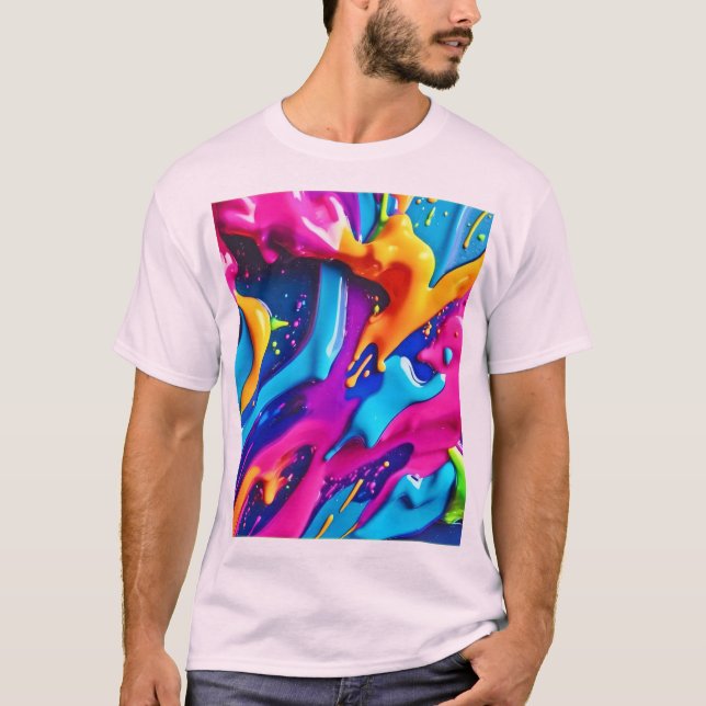 Abstrakten Vibrant Neon Paint Splatter T Shirt (Framsida)