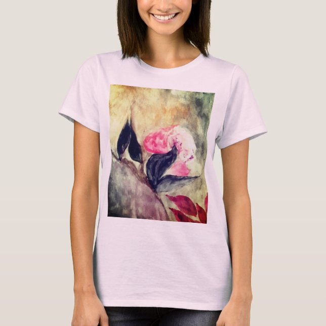 Abstrakten Watercolor Rosa Flowers Black Löv T Shirt (Framsida)