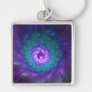 Abstraktens Blommigt Beauty Colorful Fractal Art F Fyrkantig Silverfärgad Nyckelring