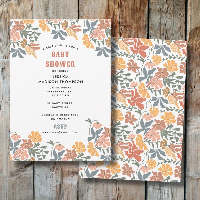Abstraktens Blommigt och barnomsorg för babyskor i Inbjudningar (Abstract Floral & Birds Mid Century Baby Shower Invitation)