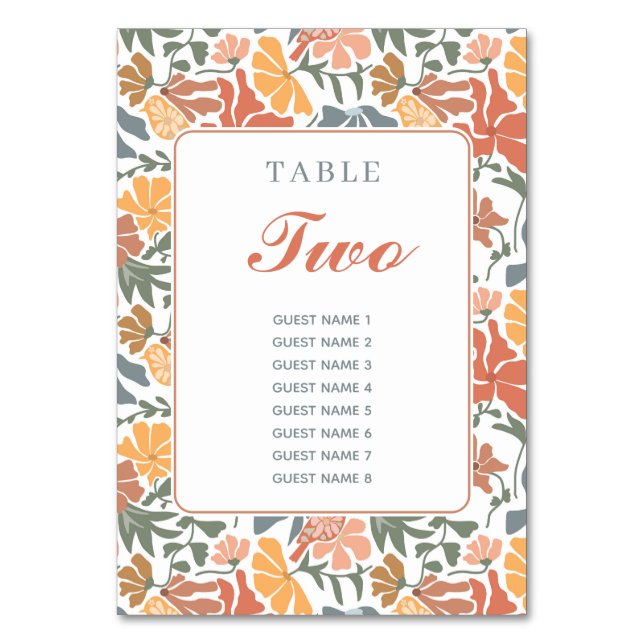 Abstraktens Blommigt och fåglarnas moderna Bröllop Bordsnummer (Framsidan)