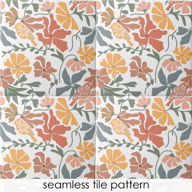 Abstraktens Blommigt och fåglarnas moderna Mönster Kakelplatta (Abstract Floral & Birds Mid Century Modern Pattern Ceramic Tile)