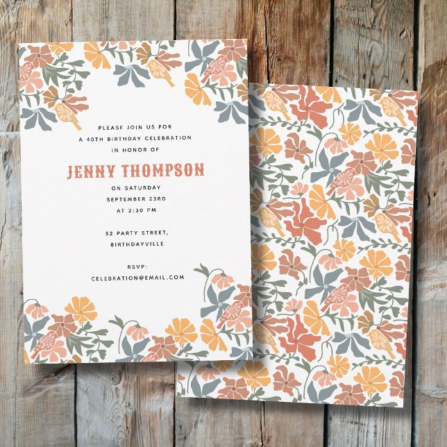 Abstraktens Blommigt och Födelsedagsfest för fågla Inbjudningar (Abstract Floral & Birds Mid Century Birthday Party Invitation)