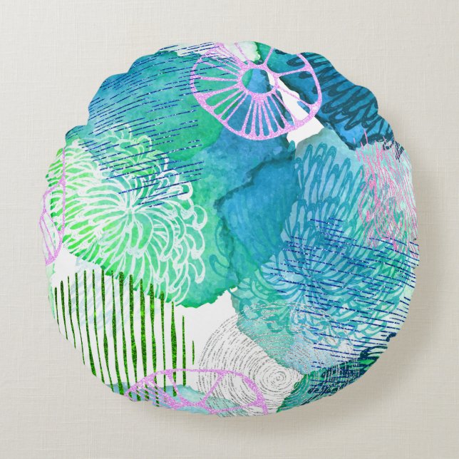 Abstraktens blommigt vattenfärgsblått blommigt vit rund kudde (Framsidan)