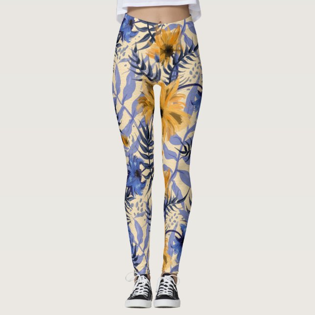 Abstraktens Blommigt: Vattentärsfärg Modern Mönste Leggings (Framsida)