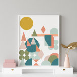 Abstraktens former liggande blått Grönt Geometrisk Poster<br><div class="desc">En lekfull mönster av geometriska former som bildar ett abstrakt landskap i en mjuk,  muterad färg palett av teal,  senap,  korall,   och mycket mer.</div>