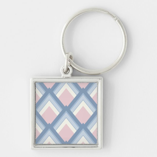 Abstraktens geometriska, blå, rosa och benvita fyrkantig silverfärgad nyckelring (Framsidan)