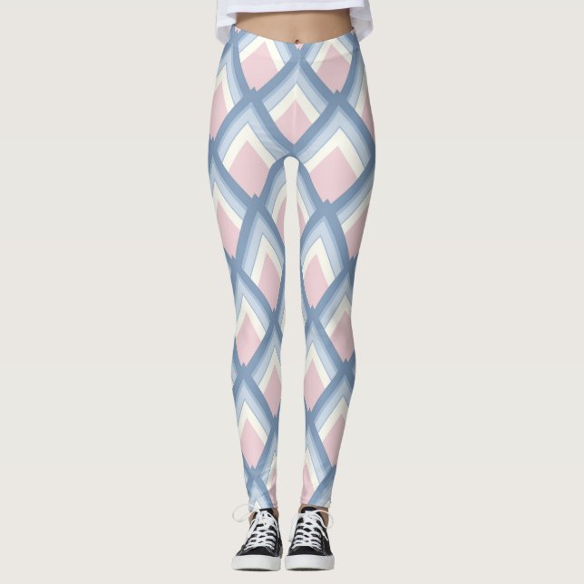 Abstraktens geometriska, blå, rosa och benvita leggings (Framsida)