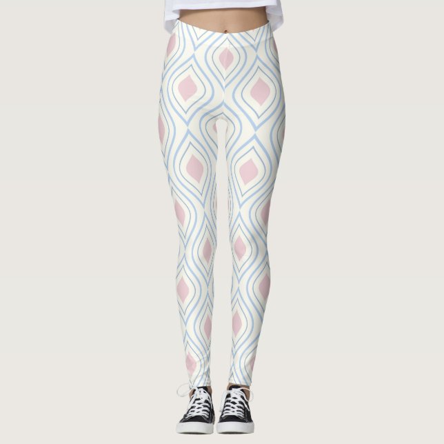 Abstraktens geometriska, blå, rosa och benvita leggings (Framsida)