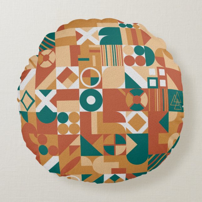 Abstraktens geometriska mönster. Multifärgad Figur Rund Kudde (Framsidan)