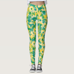 Abstraktens Grönt och Gult Vattenfärgsfärgsfärg Fä Leggings