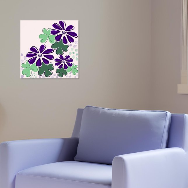 Abstraktens Grönt och Lila Klöver och nedre dörr Poster (Abstract Green and Purple Clover & Flower Doodle Poster)