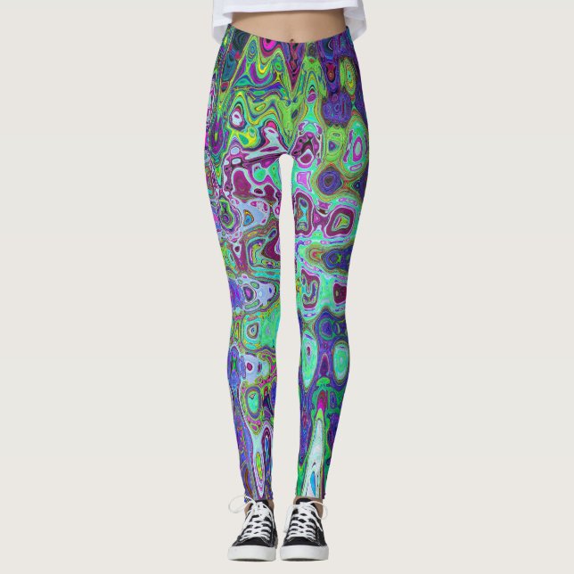 Abstraktens Grönt och Lila Vågigt Mosaic Retro Leggings (Framsida)