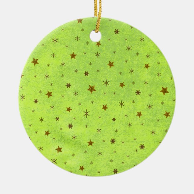 Abstraktens grönt papper med guld glatt stjärnor julgransprydnad keramik (Framsidan)