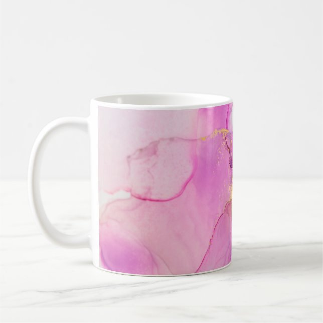 Abstraktens lila, lera, rosa, guld bakgrund.  kaffemugg (Vänster)