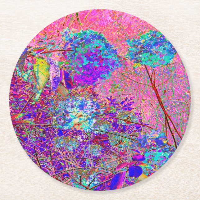 Abstraktens Lila och Blue Hydrangea med Magenta Underlägg Papper Rund (Framsidan)