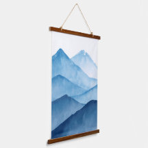 Abstraktens minimalistiska, vattenfärgsblå berg
