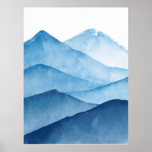 Abstraktens minimalistiska, vattenfärgsblå berg poster