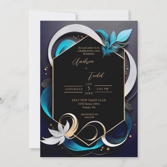 Abstraktens moderna elegant teal, vit, guld bröllo inbjudningar (Framsida)