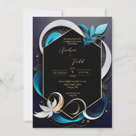 Abstraktens moderna elegant teal, vit, guld bröllo inbjudningar