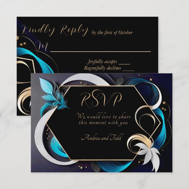 Abstraktens moderna elegant teal, vit, guld bröllo OSA kort (Fram/baksida)