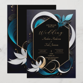 Abstraktens moderna elegant teal, vit, guld bröllo spara datumet