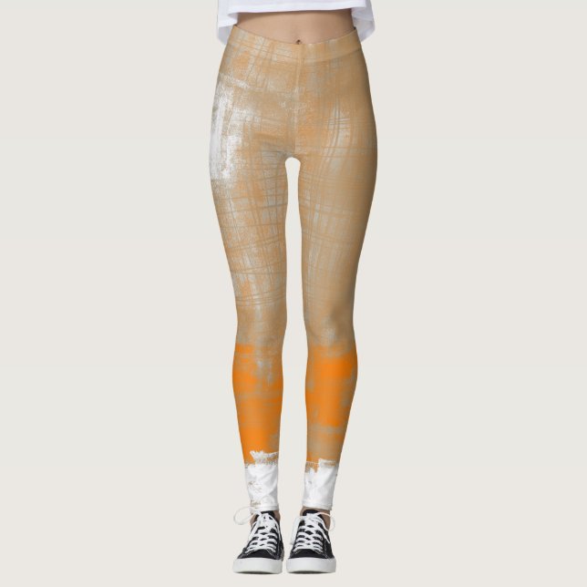 Abstraktens moderna konst stil orange grått vit leggings (Framsida)