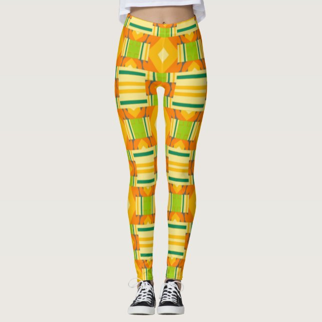 Abstraktens Orange och Grönt Mönster med diamanter Leggings (Framsida)