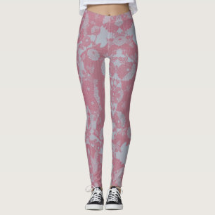 Abstraktens Rosa och Grått Botaniska Mönster Leggings