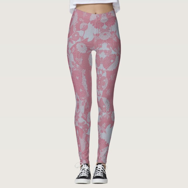 Abstraktens Rosa och Grått Botaniska Mönster Leggings (Framsida)
