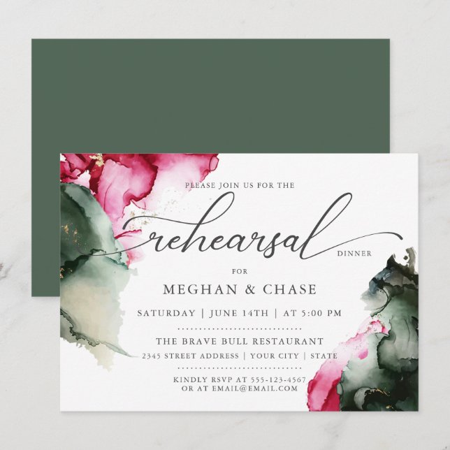 Abstraktens Rosa och Grönt Vattenfärg Inbjudningar (Fram/baksida)