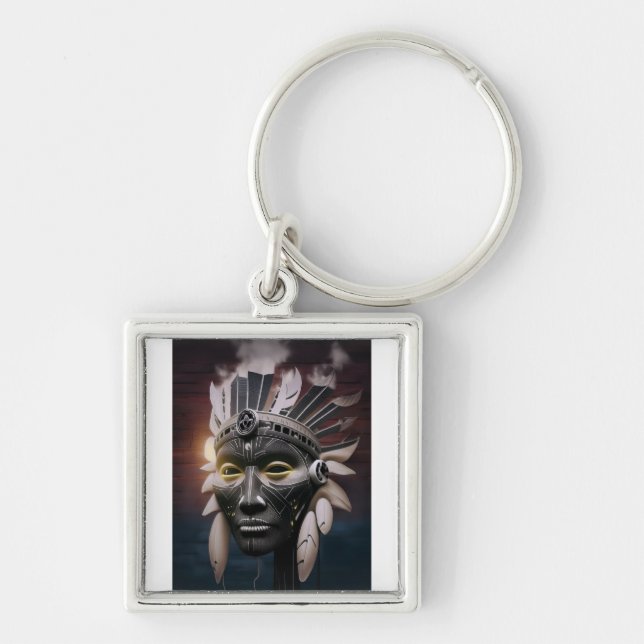 Abstraktens syn på inhemsk amerikansk chef fyrkantig silverfärgad nyckelring (Framsidan)