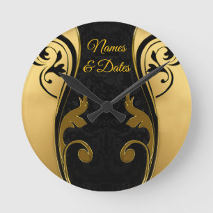 Abstrakter med Guld-accenter på svartvitt Rund Klocka