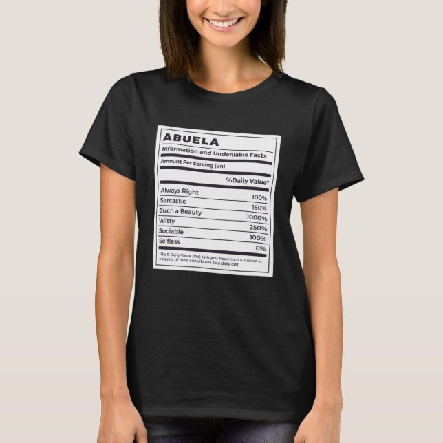 Abuela Nutritional Facts Spanish Grandmother T Shirt (Framsida)