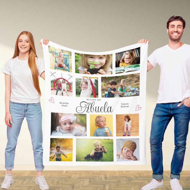 Abuela Vi Kärlek Personligen Hearts Modern Fleecefilt (Abuela custom fleece blanket with favorite photos and custom text.)