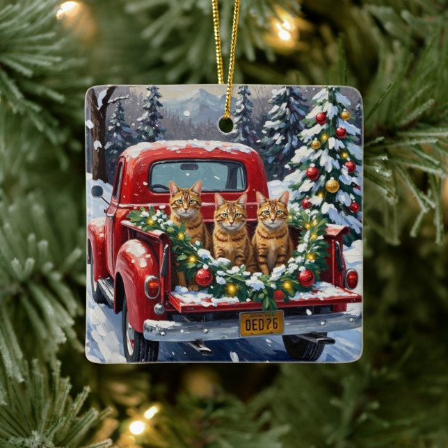Abyssinian Cat Christmas Red Truck Holiday Julgransprydnad Keramik (Träd)