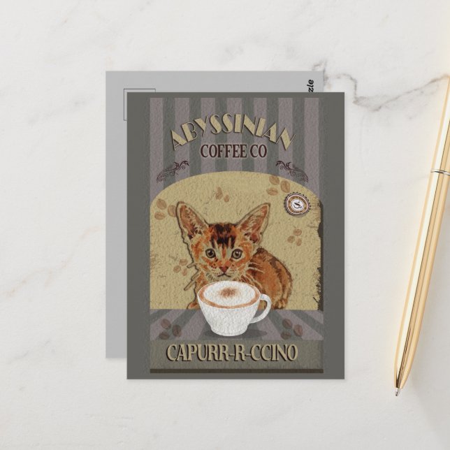 Abyssinian Cat Coffee Capurrcino Vintage affisch Vykort (Fram/Back In Situ)
