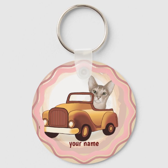 Abyssinian Cat Driving Car Nyckelring (Framsida)