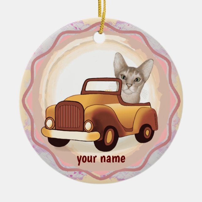 Abyssinian Cat Driving Car ornamet Julgransprydnad Keramik (Framsidan)