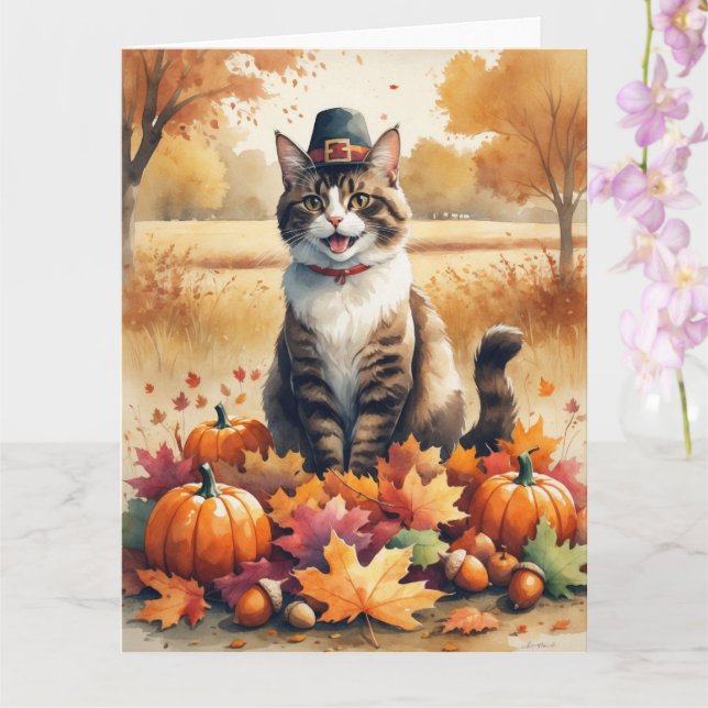 Abyssinian Cat in Höst löv Thanksgiving Art Kort (Orkide)