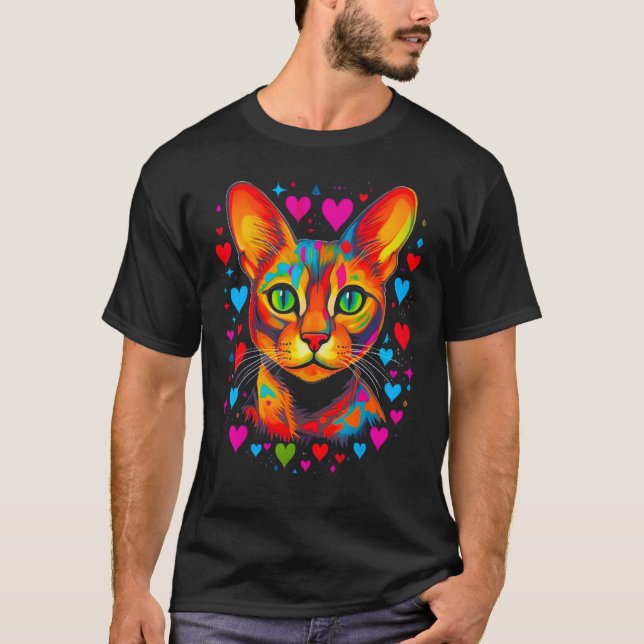 Abyssinian Cat Pink Blue Red Heart T Shirt (Framsida)