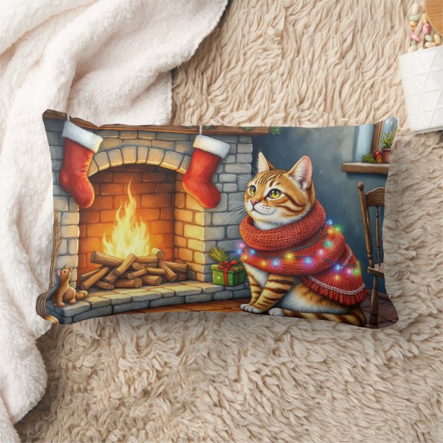 Abyssinian Cat Sitting by Fireplace with Christmas Lumbarkudde (Filt)