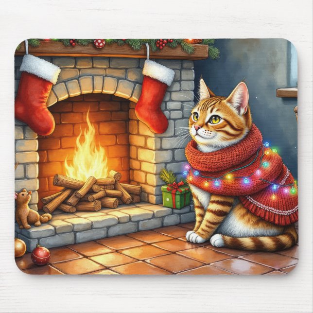Abyssinian Cat Sitting by Fireplace with Christmas Musmatta (Framsidan)